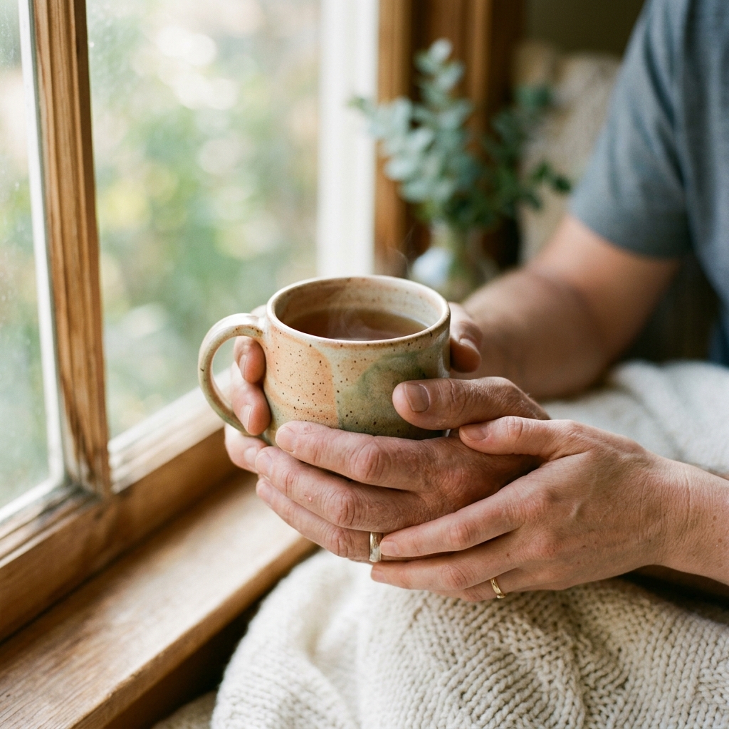 Hands holding warm mug