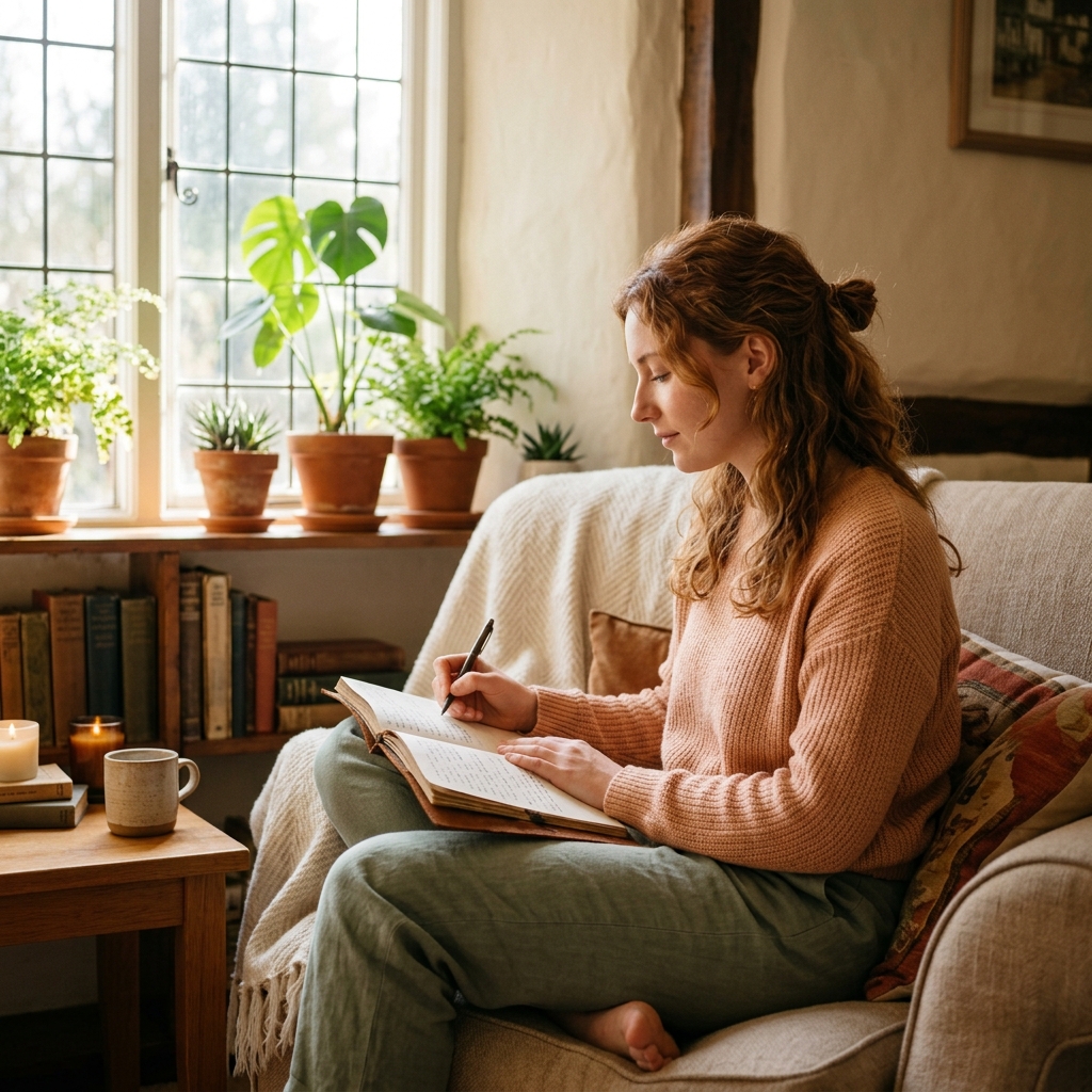 Young adult journaling by window